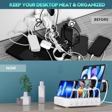 Charging Station for Multiple Devices,60W 6 Port Charger Station with 7 Mixed Charging Cables,USB Charging Dock,Compatible with Cellphone,Tablet, Kindle, iPhone iPad and More (White) - Image 3