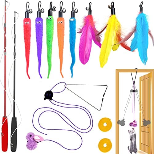 ZPH Cat Toys Interactive for Indoor Cats,2PCS Retractable Cat Wand,9PCS Teaser Toys&1PCS Hanging Door Lure Kitten Toy,Interactive Feather Toy for Teaser Play and Chase Exercise with Kitten - Image 1