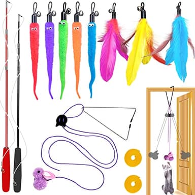 ZPH Cat Toys Interactive for Indoor Cats,2PCS Retractable Cat Wand,9PCS Teaser Toys&1PCS Hanging Door Lure Kitten Toy,Interactive Feather Toy for Teaser Play and Chase Exercise with Kitten - Image 1