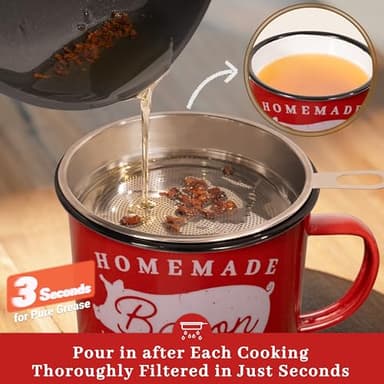 Ayerphalo Bacon Grease Container with Strainer - With Food-Grade Silicone Spatula, 24oz Enamel Rustic Farmhouse Fat Container, Keeper, Recipes, Dishwasher Safe - Image 4