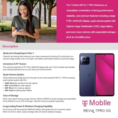 T-Mobile Revvl 7 Pro 5G Unlocked Smartphone, 256GB, Azurite Blue (Renewed) - Image 4