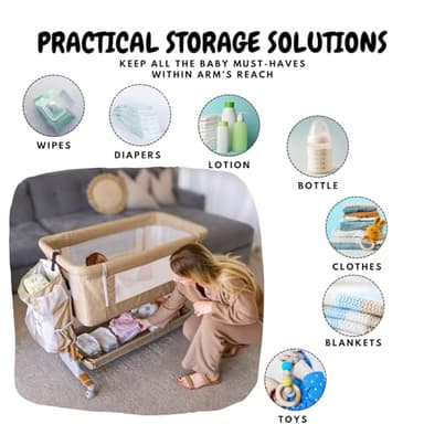 Bassinet Bedside Sleeper for Baby 6 Months, Convertible Cosleeping Baby Bed Attach to Bed with Wheels, Mattress, Storage Diaper Caddy, 6 Adjustable Height, Breathable Mesh Drop Down Side, Gold - Image 7