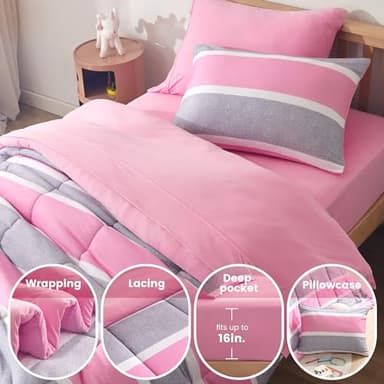 SLEEP ZONE Kids Comforter Set Twin Size, Jersey Knit 5 Pieces Bedding, Super Soft and Breathable Comforter with Sheets, Pillowcases (Pink Grey Stripe) - Image 4