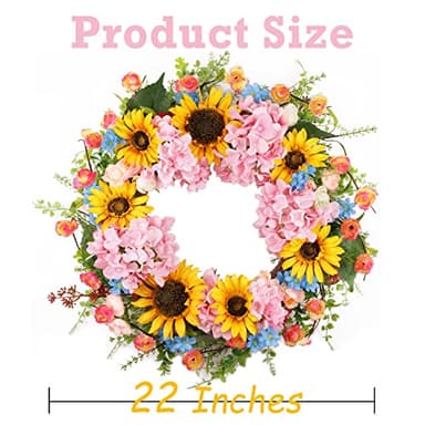Lotus Hills 22" Spring Wreaths for Front Door, Front Door Wreath with Sunflower Pink Hydrangea Daisy Eucalyptus, Spring Summer Wreath Outdoor, Blooming Artificial Floral Decorations for Home Office - Image 4