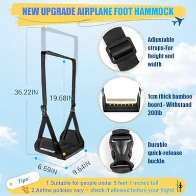 Airplane Foot Hammock, No Collapse Foot Rest for Plane Travel with Extended Adjustment Strap, Portable Desk Foot Hammock with Thickened Foam, Foot Sling Travel Essentials to Relax Your Feet(Black 2PC) - Image 2