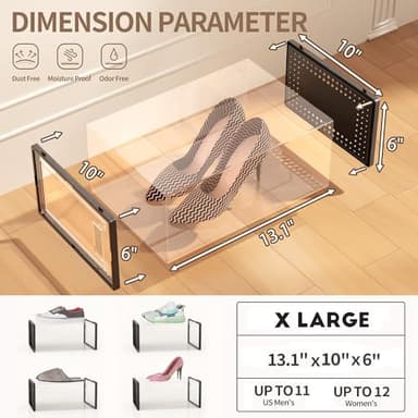 12 Pack X Large Shoe Storage Organizer for Closet, Modular Space Saving Shoe Boxes Clear Plastic Stackable Containers Display Case Bins with Lids, Black - Image 6