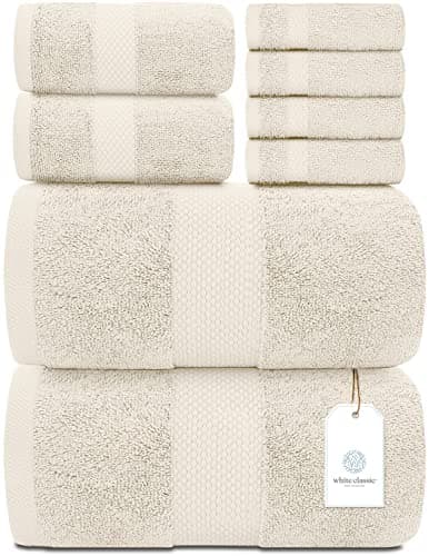 White Classic Luxury Bath Towel Set of 8 Pieces - 100% Turkish Cotton Highly Absorbent Towels for Bathroom, 2 Luxury Bath Towels 700GSM, 2 Hand Towels, 4 Washcloths, Ivory - Image 1