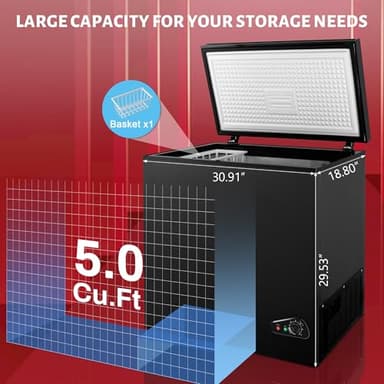 Chest Freezer 5.0 Cubic Feet, Deep Freezer with Removable Basket, 6 Level Adjustable Temperature from -18°F to 50°F, Manual Defrosting, Top Open Door, Suitable for Home, Black - Image 2