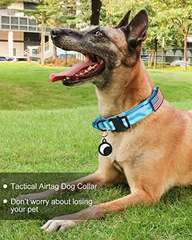 Hotsky Tactical Dog Collar, Adjustable Military Training Nylon Airtag Collar with Handle and Heavy Duty Metal Buckle for Medium Large Dogs, with Airtag Holder and Two Patches（Blue Camo,L） - Image 2