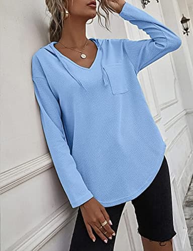 morhuduck Women's V Neck Hoodies Long Sleeve Sweatshirt Drawstring Pullover Tops with Pocket, Blue L - Image 6