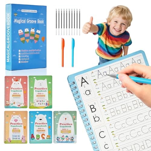 Magic Grooved Writing Books for Kids-Handwriting Practice for Kids 5-8 - Tracing Books for Kids Ages 3-5 - Preschool, Kindergarten Learning-Letters, Numbers, Math, Drawing (Blue Box, 9.45 in x 6.5 in) - Image 1