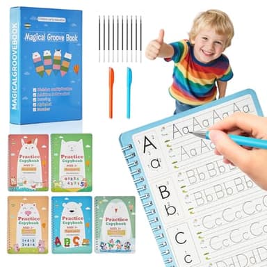 Magic Grooved Writing Books for Kids-Handwriting Practice for Kids 5-8 - Tracing Books for Kids Ages 3-5 - Preschool, Kindergarten Learning-Letters, Numbers, Math, Drawing (Blue Box, 9.45 in x 6.5 in) - Image 1