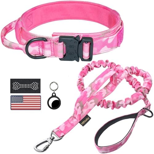 Hotsky Tactical Dog Collar and Leash Set, Heavy Duty Military Airtag Dog Collar with Handle and Metal Buckle for Training and Walking, with Airtag Holder and Two Patches (Pink Camo, M) - Image 1