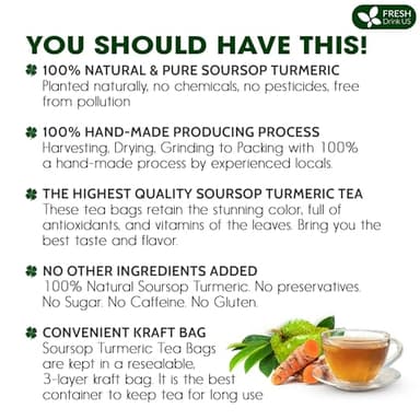 FreshDrinkUS, Premium 60 Soursop Turmeric Tea Bags, 100% Natural, Blend of Soursop Leaves, and Turmeric Root. Made with Natural Material Tea Bags. No Sugar, Vegan. - Image 3