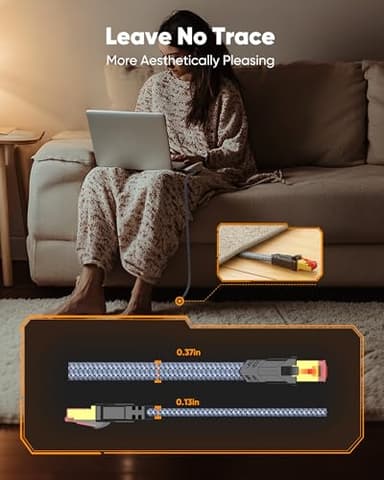 Snowkids Cat 8 Ethernet Cable 50 FT, Strong Signal, Flat High Speed 40Gbps 2000Mhz, Network Cord with RJ45 Internet Connector for TV/Printer/Computer/Modem/Router/ps-3/4/5, Braided LAN Cable 50FT Grey - Image 5