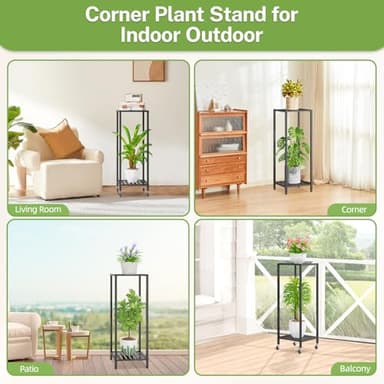 iDavosic.ly 2 Tier Plant Stand Indoor with Wheels, Metal Flower Holder Shelf Outdoor for Large Pots, Tall Corner Vertical Rolling Rack for Patio Porch Garden Balcony Living Room, Modern Black - Image 6