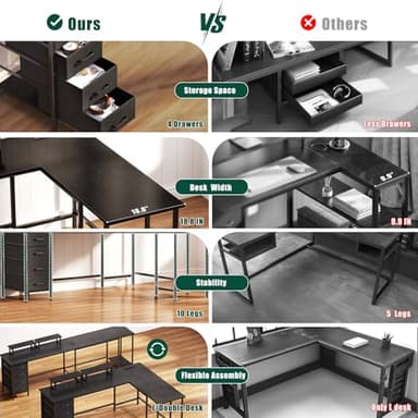 Korfile 66" L Shaped Computer Desk, 94.4'' Home Office Desk with Power Outlets, 4 Adjustable Storage Drawers & 2 Monitor Stands, Large Two Person Gaming Table for Writing Study, Black - Image 6