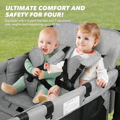 VOOI Stroller Wagon 4 Seater, Wagon for Kids, Collapsible W4 Stroller with Seats with 5-Point Harnesses, Easy Access Zipper Door, and Removable Sun Canopy (Grey, W4-Large) - Image 5