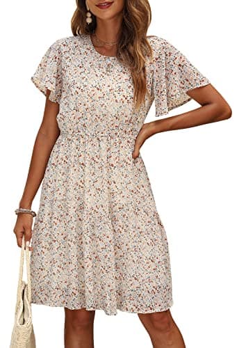 Manydress Women's Chiffon Floral Casual Summer Boho Flutter Sleeve Flowy Skater Western Dress MY112 (Beige Print, M) - Image 1