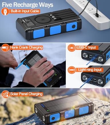 GOODaaa Power Bank Wireless Charger 45800mAh Built in Hand Crank and 4 Cables 15W Fast Charging Power Bank 7 Outputs & 4 Inputs Solar Portable Charger, SOS/Strobe/Strong Flashlights, Compass - Image 5