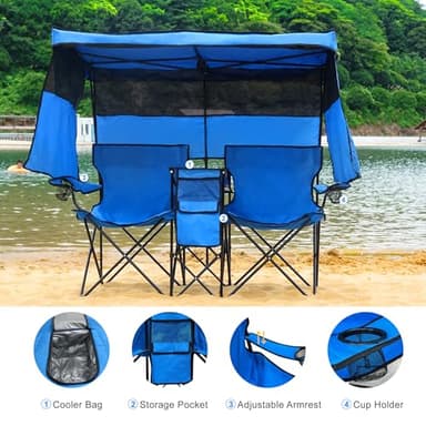 WTVIDAS Double Beach Chair with Canopy Shade Heavy Duty Camping Chairs with Cup Holder Folding Loveseat for Outside Lawn - Image 5