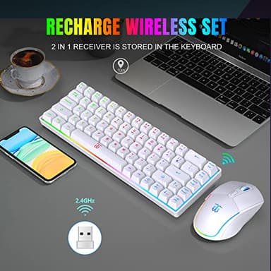 Snpurdiri 60% Wireless Gaming Keyboard and Mouse Combo,LED Backlit Rechargeable 2000mAh Battery,Mini Mechanical Feel Anti-ghosting Keyboard +Popular RGB Gaming Mice for PC Gamer (White) - Image 2