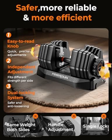 FEIERDUN Adjustable Dumbbell Set,5-52.5lb Free Weight Dumbbells, 15 in 1, Quick Adjust Weight Set with Non-slip Handles and Tray, Dumbbells for Home Gym Exercise Strength Training, Unisex（Pair） - Image 9