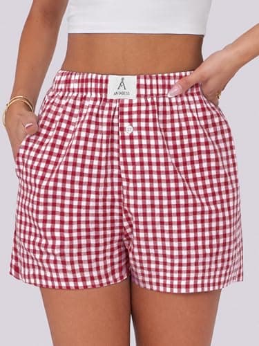 ANRABESS Boxer Shorts for Women Gingham Pajama 2025 Summer Casual Lounge Sleep Plaid Shorts Y2K Beach Bottoms Red White Plaid X-Large - Image 5