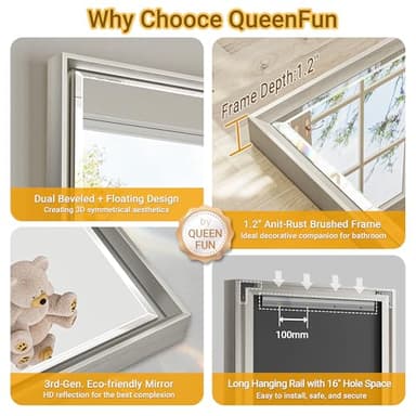 QueenFun Brushed Nickel Bathroom Mirror, 22x30 Inch Beveled Framed Bathroom Mirror Anti-Rust, Brushed Nickel Metal Frame Bathroom Vanity Mirror for Wall, Vertical/Horizontal Wall-Mounted Mirrors - Image 9
