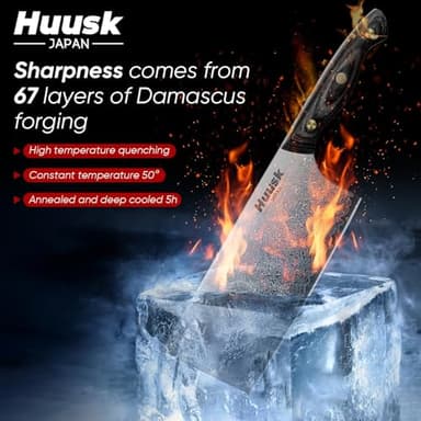 Huusk Damascus Cleaver Knife 7 inch, VG10 Butcher Knives for Meat Cutting, Kitchen Knives with Wood Handle for Chopper Vegetables, Hand Forged Chooping Knives, Birthday Dad Mom Gift - Image 2