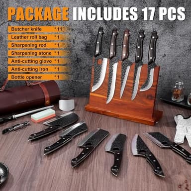 TAN REN 17PCS Butcher Knife Set with Bag, High Carbon Steel BBQ Knife Set for Meat Cutting, Hand Forged Serbian Chef Knives for Man Home & Outdoor Cooking,Father's Day Gift - Image 5