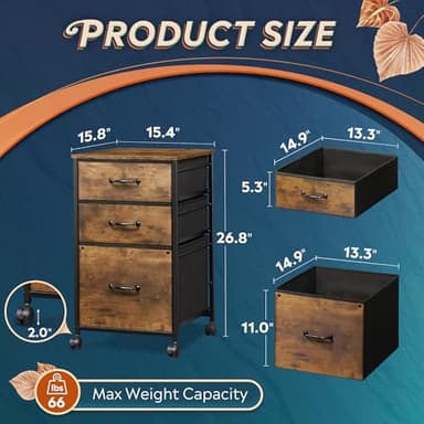 DEVAISE Mobile File Cabinet, Rolling Printer Stand with 3 Drawers, Fabric Vertical Filing Cabinet fits A4 or Letter Size for Home Office, Rustic Brown Wood Grain Print - Image 3