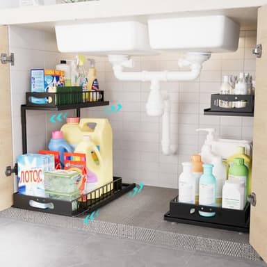 2-Tier Slide-Out Under Sink Organizer Storage Shelf with Smiley Handles, Heavy Duty Metal Slide Out Pull Out Cabinet Shelves, Rustproof Kitchen Bathroom Pantry Storage, Space Saving Design, 2 Pack - Image 1