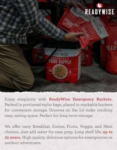 ReadyWise 30 Day Emergency Food Supply - 296 Servings, 2 Buckets, Freeze Dried Protein Meals, Survival Food Storage, Ready to Eat, Backpacking & Camping Essentials, up to 25 Year Shelf Life - Image 7