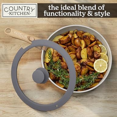 Country Kitchen Cookware Set with Removable Handle, Oven & RV Safe Pots and Pans Set, Grey/Ivory Wood Handle, Original - Image 7