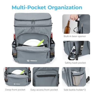 Terrete Cooler Backpack, 30 Cans Backpack Coolers Insulated Leak Proof, Large Double Deck Cooler Backpack for Travel, Camping, Picnic - Grey - Image 6