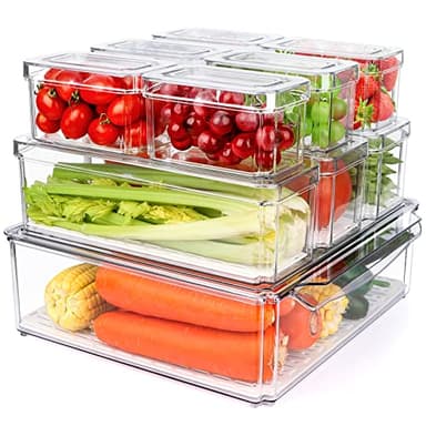 10 Pack Refrigerator Pantry Organizer Bins, Stackable Fridge Organizer Bins with Lids, Clear Plastic Food Storage Bins for Kitchen, Countertops, Cabinets, Fridge, Drinks, Fruits, Vegetable, Cereals - Image 1