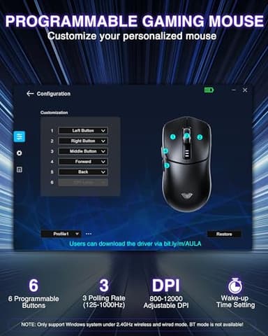 AULA SC580 Wireless Gaming Mouse, Tri-Mode 2.4G/BT5.0/USB-C Gaming Mouse, 12000 DPI Rechargeable Wireless Mouse with 6 Programmable Buttons, Ergonomic Computer Mouse for Laptop/PC/Mac/Tablet - Image 7