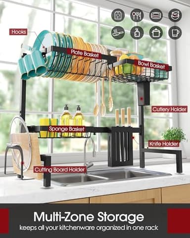 Sakugi Over The Sink Dish Drying Rack - Adjustable 2 Tier Large Capacity Stainless Steel Drainer with Cutlery & Utensil Holders, Kitchen Storage & Organization, 30"-33.9" L x 11" W x 21.5" H, Black - Image 2
