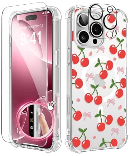 GVIEWIN Magnetic for iPhone 16 Pro Max Case Compatible with MagSafe,[Camera Control Capture Button][Mil-Grade Protection][Screen & Lens Protectors] Slim Clear Floral Phone Case 6.9", Rosy Cherry/Red - Image 1