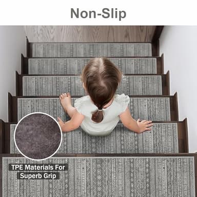 sarben Carpet Stair Treads Non Slip 15PCS, 8" X 30"Edging Stair Runner for Wooden Steps Indoor, Resistant Stair Rugs with Reusable TPE Adhesive Backing, Residue Free Mat for Kids, Elders, Pets, Grey - Image 3