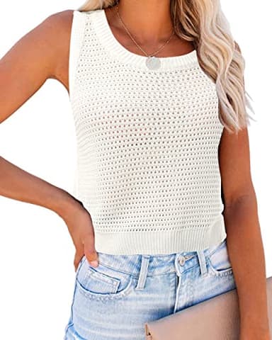 FISACE Womens Summer Knit Sweater Tank Tops Round Neck Crochet Hollow Out Sleeveless Casual Crop Shirt White - Image 1