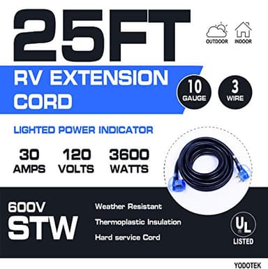 Yodotek 25ft TT-30P to TT-30R 30Amp Heavy Duty RV Extension Cord,LED Indicator Easy Unplug Design with Cord Organizer, 10 Gauge UL Listed - Image 2