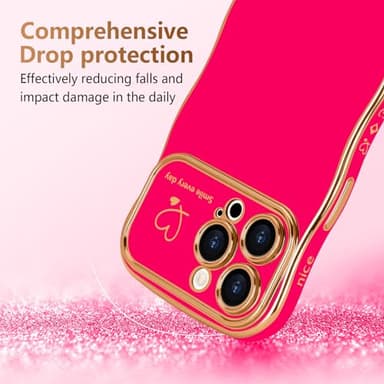 LCHULLE for iPhone 16 Pro Max Case for Women Girls, Cute Wave Frame Curly Shape with Love Heart Raised Camera Protection Cover Luxury Plating Shockproof Phone Case for iPhone 16 Pro Max, Hot Pink - Image 3