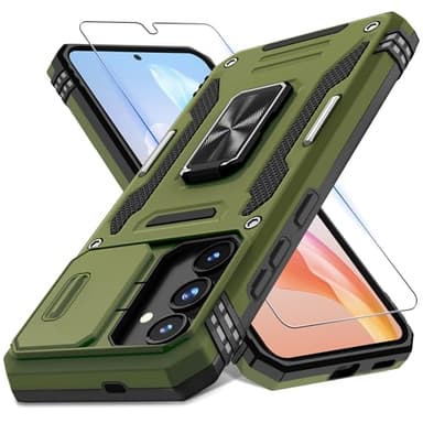 DEERLAMN Case for Samsung Galaxy S25 6.2-Inch with Slide Camera Cover+Screen Protector (1 Pack), Rotated Ring Kickstand Military Grade Shockproof Protective Cover-Olive Green - Image 1