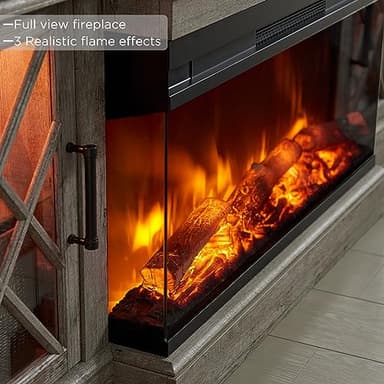 OKD 3-Sided Glass Farmhouse Fireplace TV Stand - Highboy Entertainment Center with Glass Door Storage Cabinet, 70'' Large TV Stands with Electric Fireplace, Light Rustic Oak - Image 3