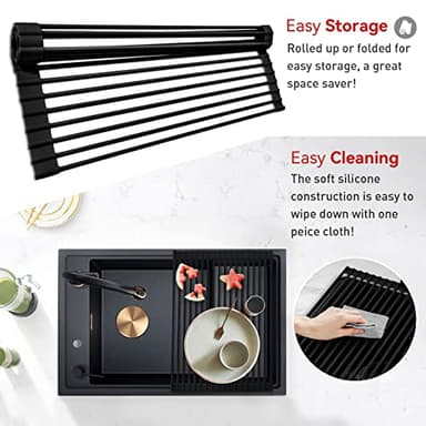 MERRYBOX 20.5" x 13" Roll Up Dish Drying Rack Silicone Wrapped Over The Sink Dish Drying Rack Multipurpose Foldable Sink Drying Mat, Heat-Resistant & Anti-Rust Dish Rack for Kitchen Sink, Large, Black - Image 3