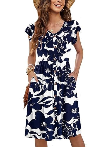WNEEDU Women Summer Dresses Sleeveless Casual Loose Swing Button Down Midi Dress with Pockets(White Navy Flower,XL) - Image 1