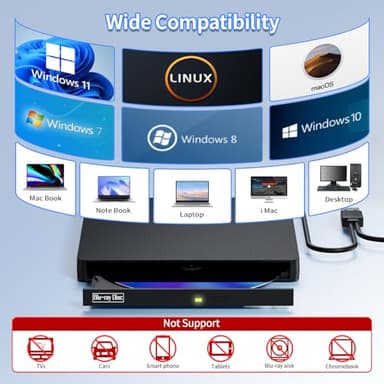 NVOPERANG External Blu-ray Drive, USB 3.0 & Type-C BD/DVD/CD Burner – Portable Blu-ray Player with 3D Playback, Compatible with Windows, Linux, Mac OS (2 IN1) - Image 4