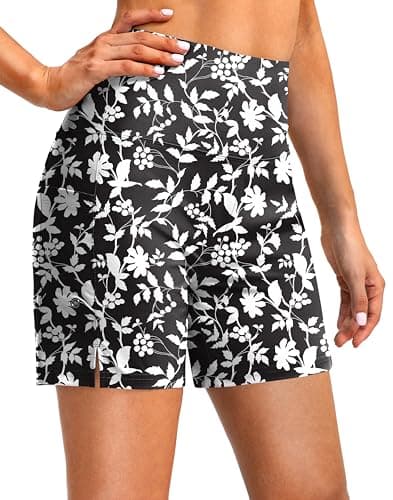 G GRADUAL Women's 5" High Waisted Swim Board Shorts with Phone Pockets UPF 50+ Quick Dry Beach Shorts for Women with Liner(Black Floral,L) - Image 1